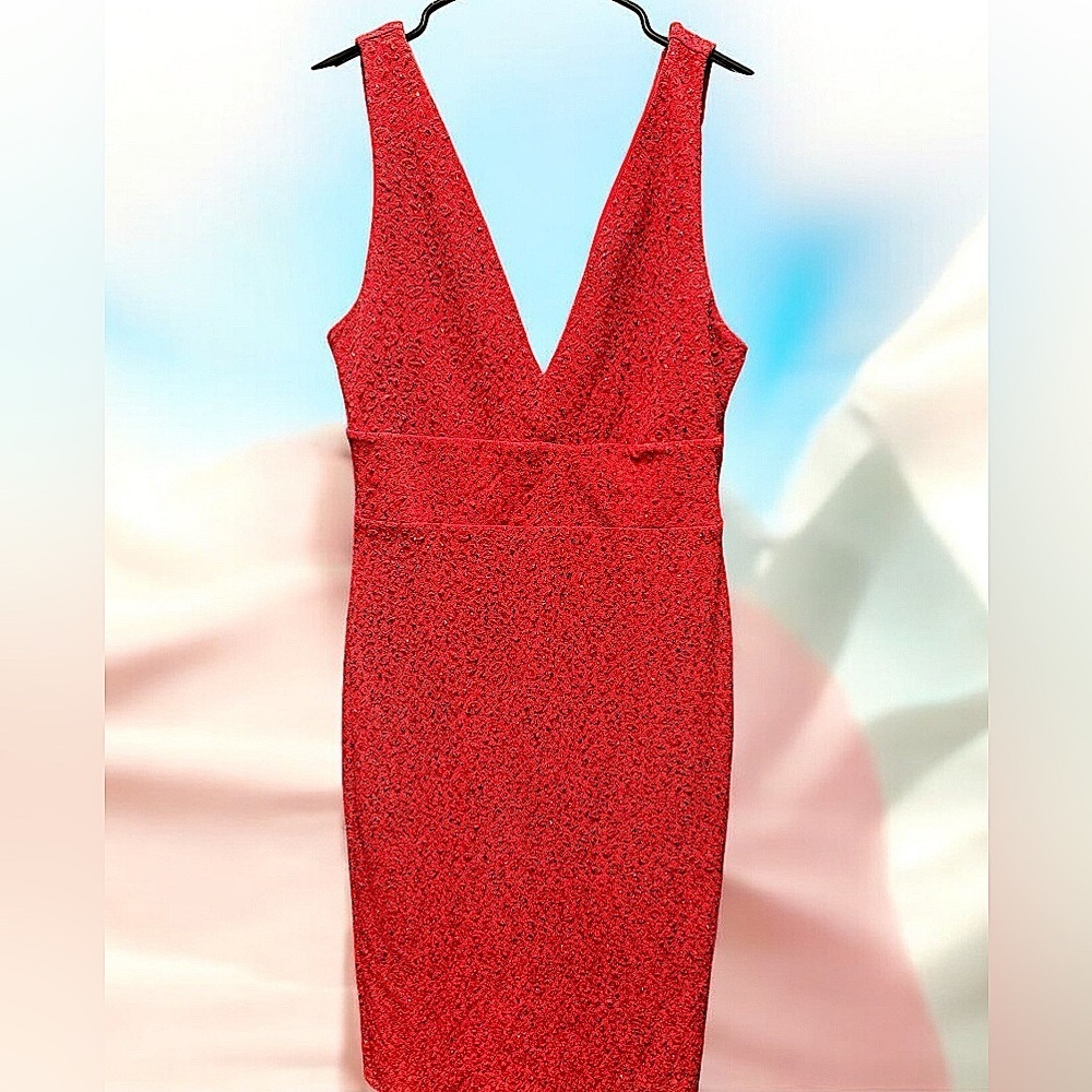 GUESS Ruby red sparkle dress LARGE low cut pit to pit 15in length 29in